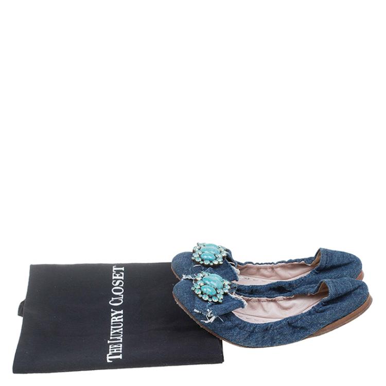 Pre Owned Miu Miu Blue Denim Embellished Ballet Flats Size 35.5