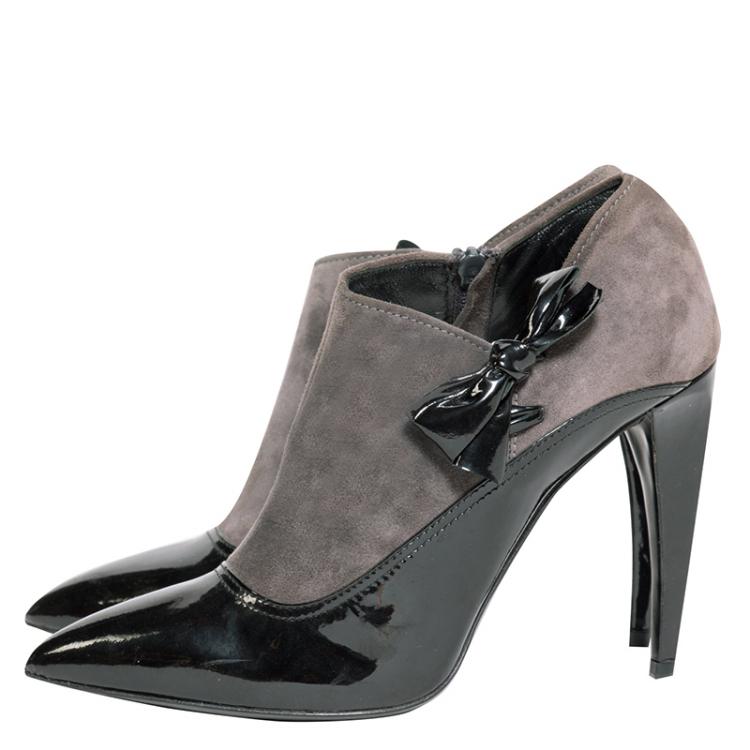 Pre Owned Miu Miu Black Patent Leather and Grey Suede Bow Ankle Boots Size 38