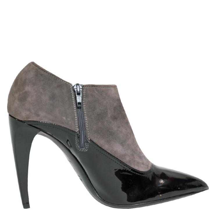 Pre Owned Miu Miu Black Patent Leather and Grey Suede Bow Ankle Boots Size 38