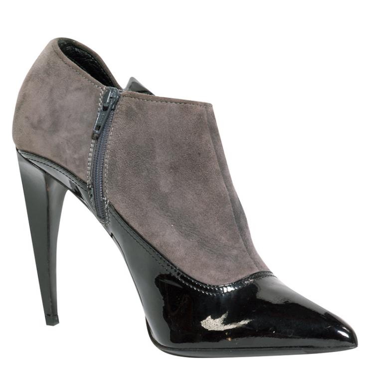 Pre Owned Miu Miu Black Patent Leather and Grey Suede Bow Ankle Boots Size 38