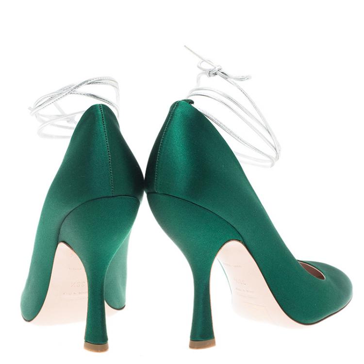 Pre Owned Miu Miu Green Satin Tie Around Pumps Size 39.5