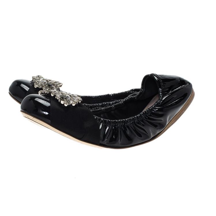 Pre Owned  Miu Miu Black Patent Jeweled Ballet Flats Size 38.5
