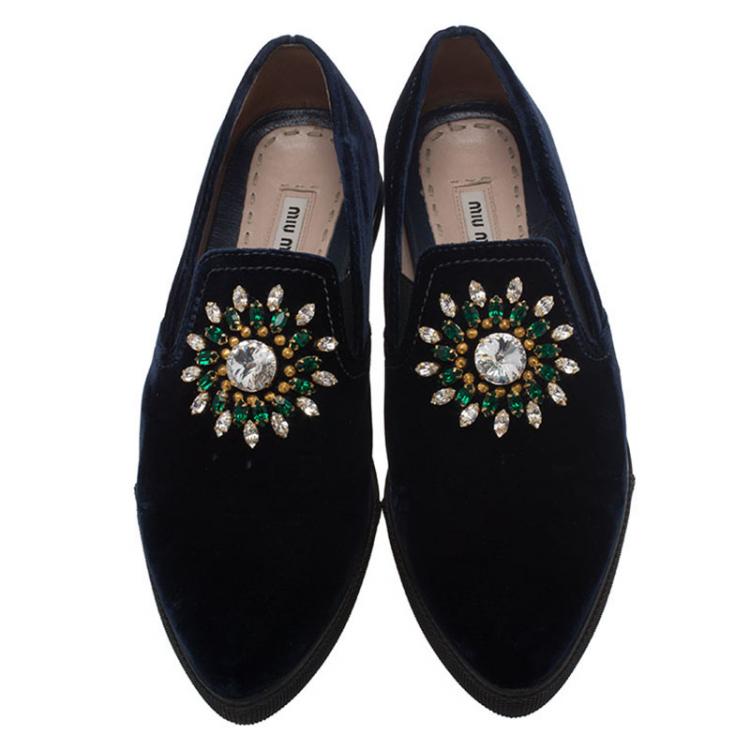 Pre Owned Miu Miu Blue Velvet Jeweled Skate Sneakers Size 36.5
