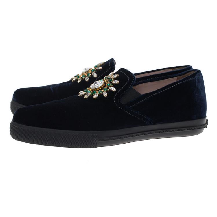 Pre Owned Miu Miu Blue Velvet Jeweled Skate Sneakers Size 36.5
