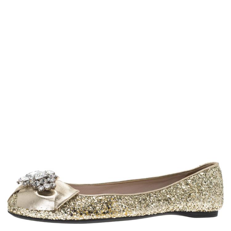 Pre Owned Miu Miu Gold Glitter Crystal Embellished Bow Ballet Flats Size 39.5