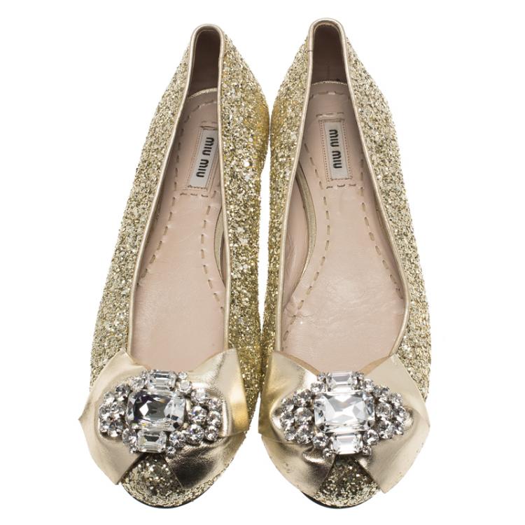 Pre Owned Miu Miu Gold Glitter Crystal Embellished Bow Ballet Flats Size 39.5