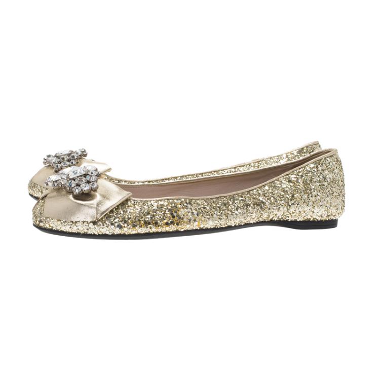 Pre Owned Miu Miu Gold Glitter Crystal Embellished Bow Ballet Flats Size 39.5