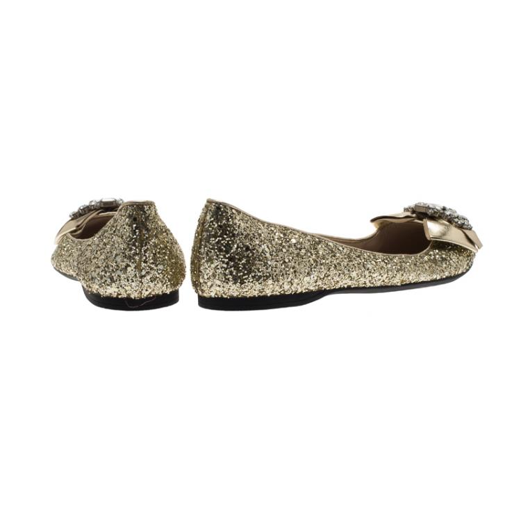 Pre Owned Miu Miu Gold Glitter Crystal Embellished Bow Ballet Flats Size 39.5