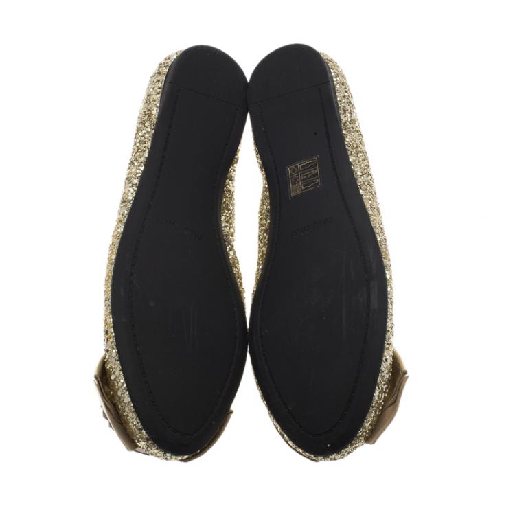 Pre Owned Miu Miu Gold Glitter Crystal Embellished Bow Ballet Flats Size 39.5