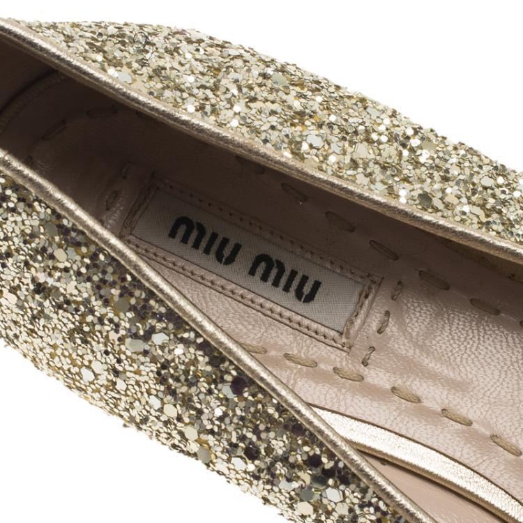 Pre Owned Miu Miu Gold Glitter Crystal Embellished Bow Ballet Flats Size 39.5