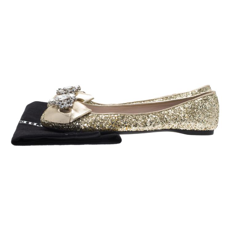 Pre Owned Miu Miu Gold Glitter Crystal Embellished Bow Ballet Flats Size 39.5