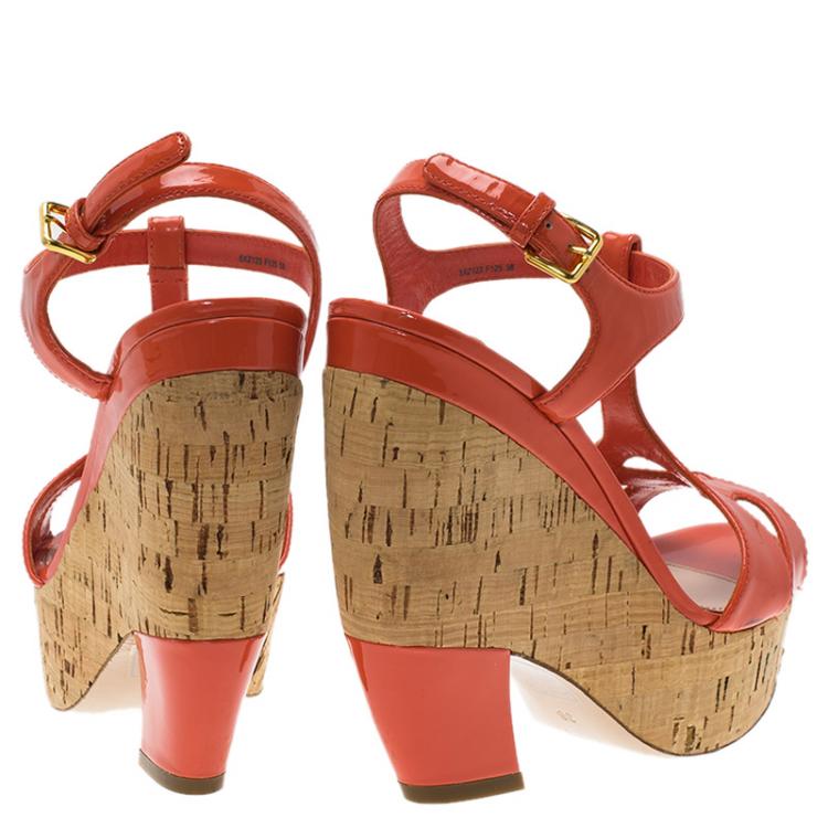 Pre Owned Miu Miu Coral Patent Wedges Sandals Size 36