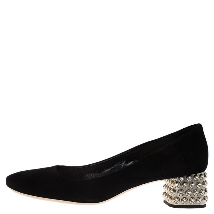 مملوكة مسبقًا Miu Miu Black Suede Crystal Block Heel Pumps Size 39