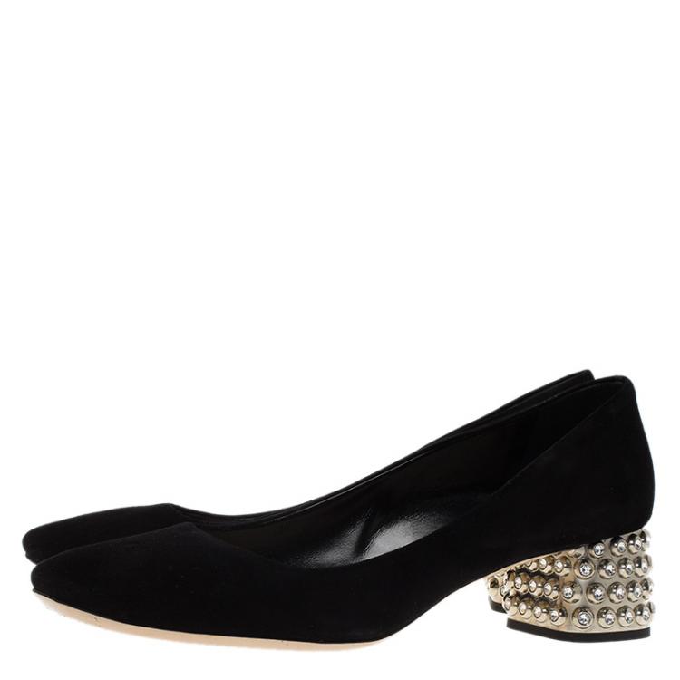مملوكة مسبقًا Miu Miu Black Suede Crystal Block Heel Pumps Size 39