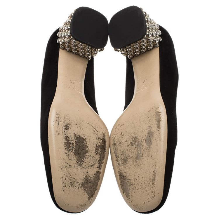 مملوكة مسبقًا Miu Miu Black Suede Crystal Block Heel Pumps Size 39