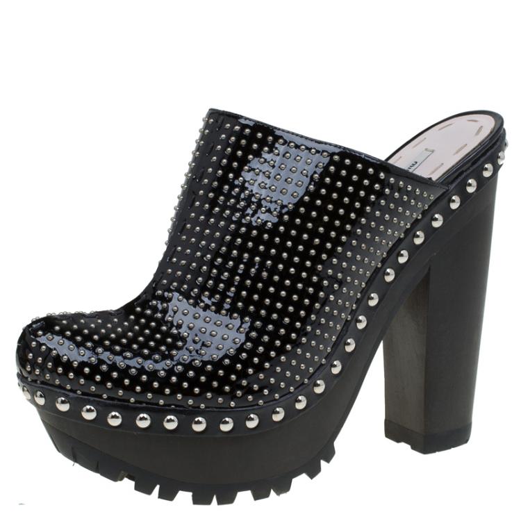 Miu Miu Black Patent Studded Leather Platform Clogs Size 39
