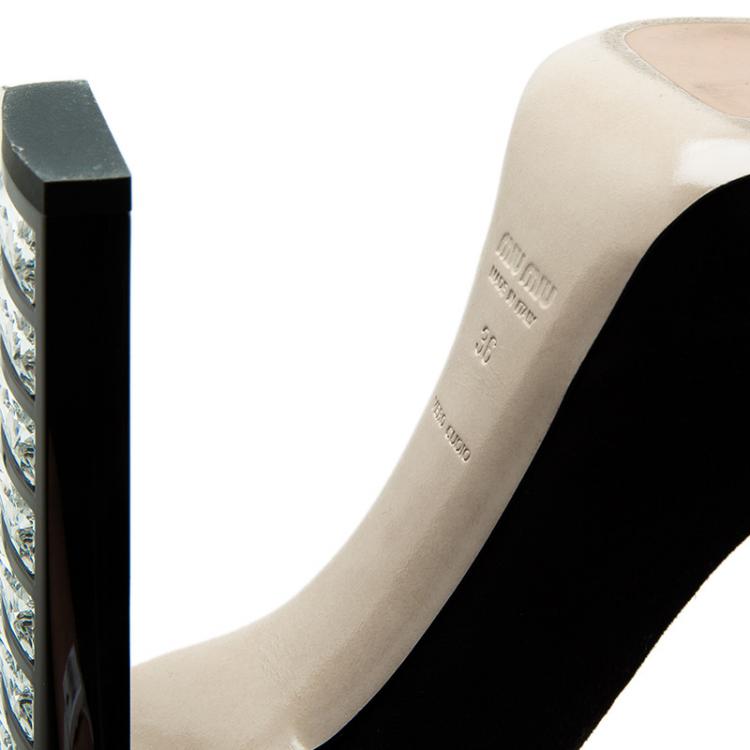 Pre Owned Miu Miu Swarovski Crystal Heel Peep Toe Platform Pumps Size 36