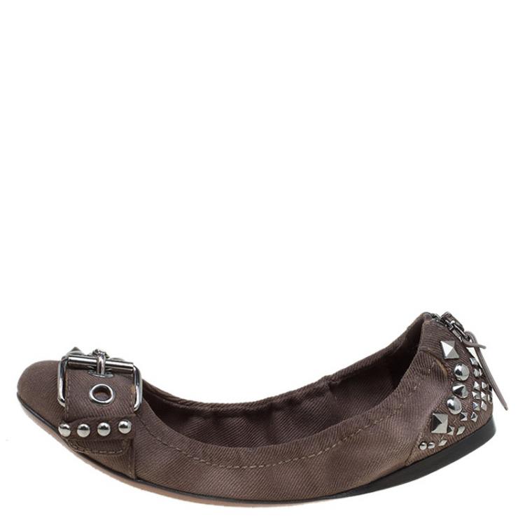 Pre Owned Miu Miu Brown Studded Canvas Buckle Detail Ballet Flats Size 36.5