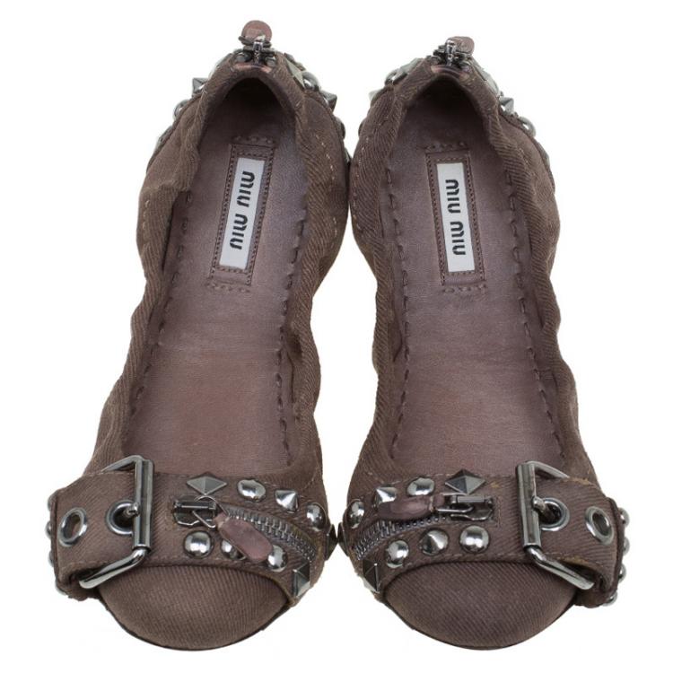Pre Owned Miu Miu Brown Studded Canvas Buckle Detail Ballet Flats Size 36.5