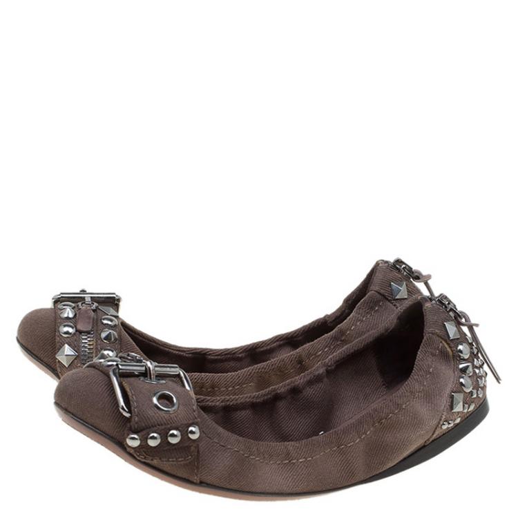 Pre Owned Miu Miu Brown Studded Canvas Buckle Detail Ballet Flats Size 36.5