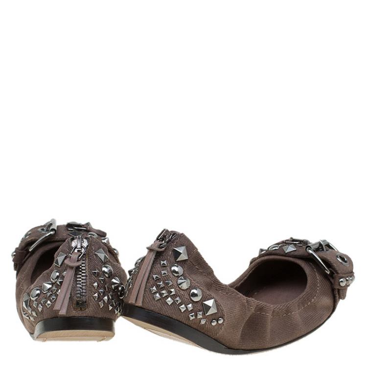 Pre Owned Miu Miu Brown Studded Canvas Buckle Detail Ballet Flats Size 36.5