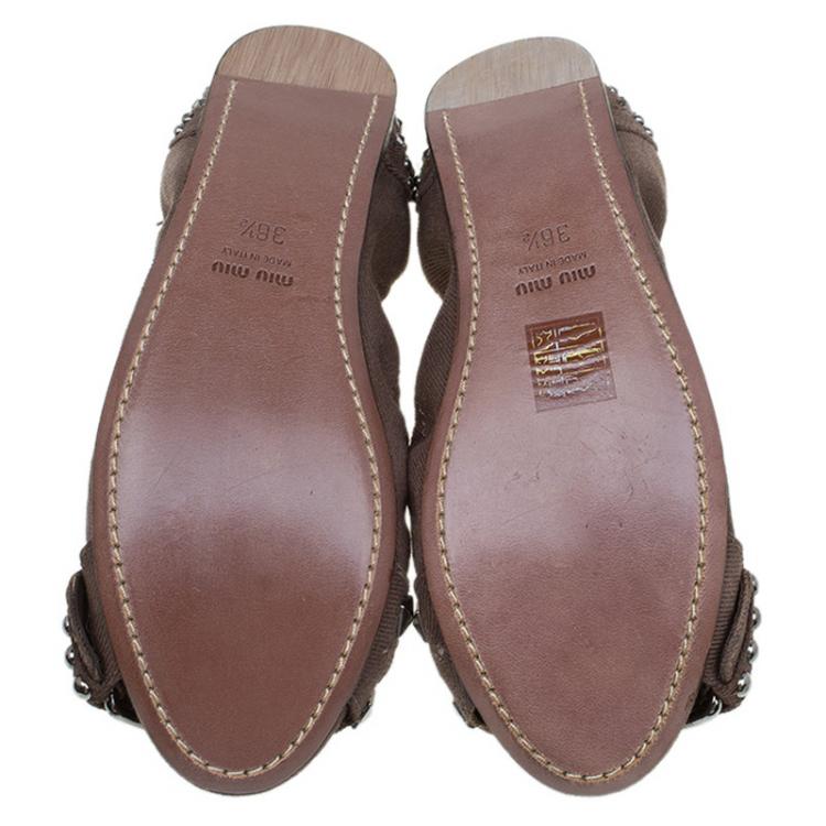 Pre Owned Miu Miu Brown Studded Canvas Buckle Detail Ballet Flats Size 36.5