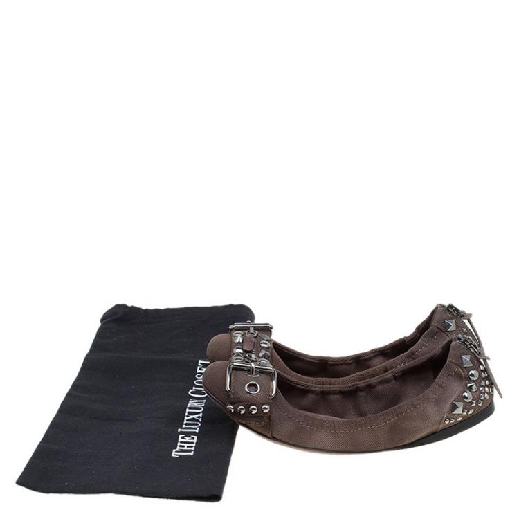 Pre Owned Miu Miu Brown Studded Canvas Buckle Detail Ballet Flats Size 36.5