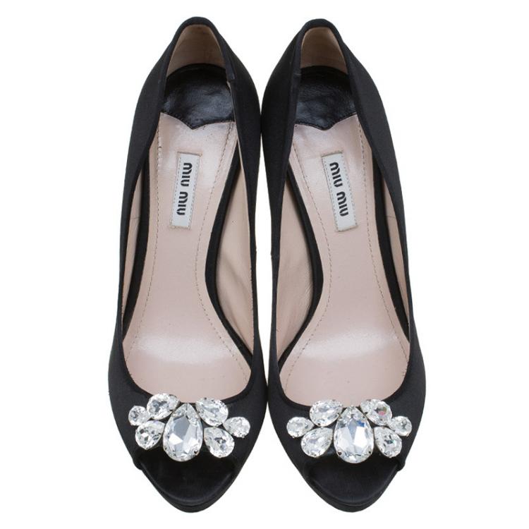 Pre Owned Miu Miu Black Satin Jewel Embellished Peep Toe Pumps Size 40