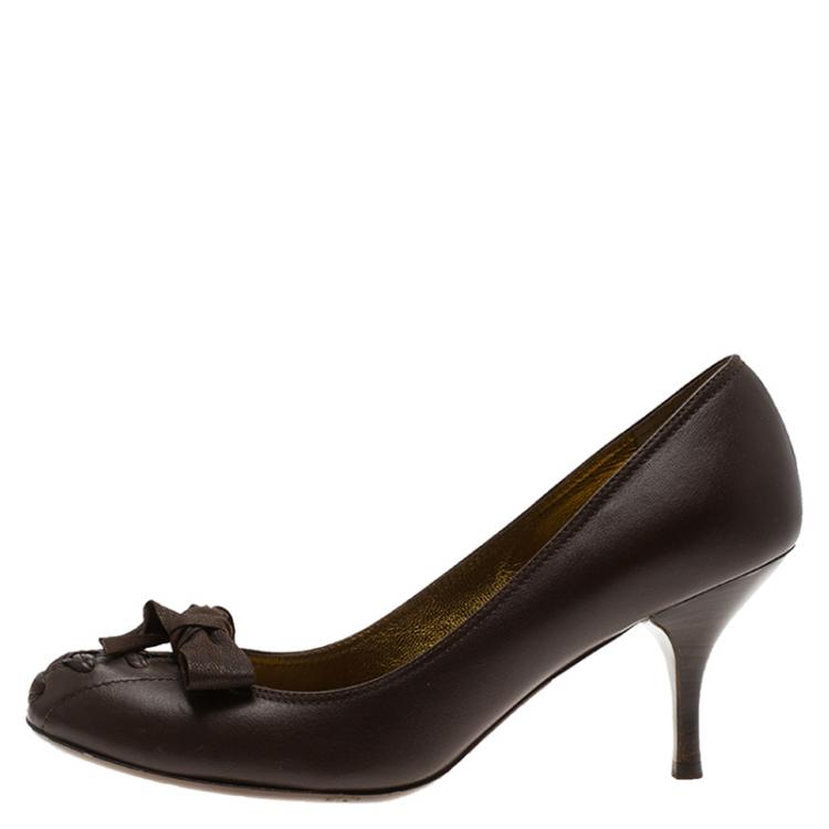Pre Owned Miu Miu Brown Leather Bow Detail Pumps Size 36.5