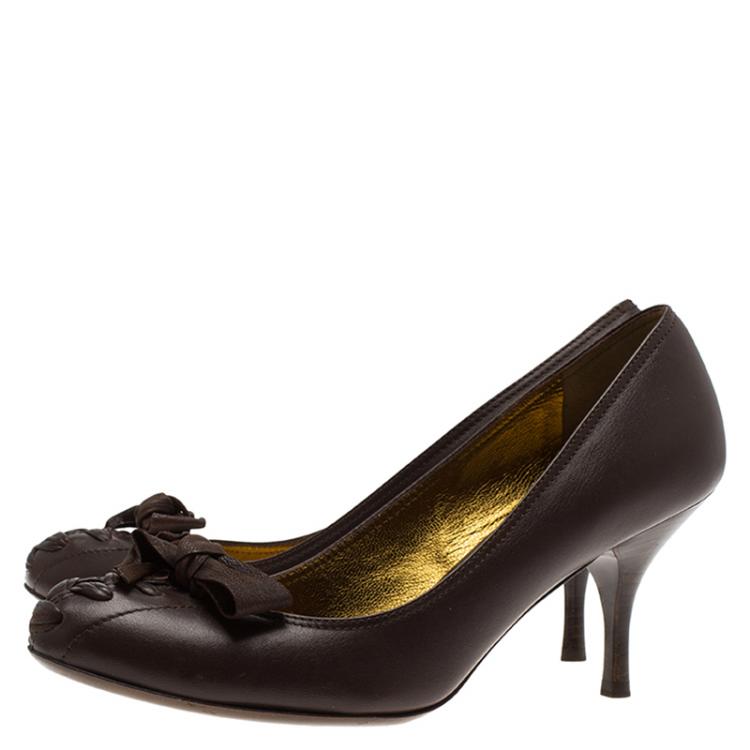 Pre Owned Miu Miu Brown Leather Bow Detail Pumps Size 36.5