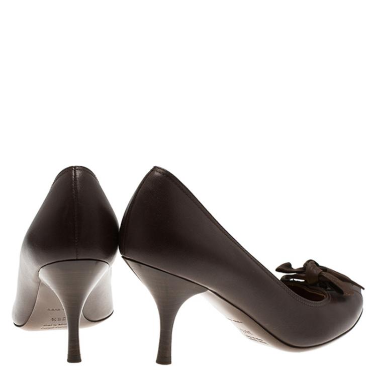 Pre Owned Miu Miu Brown Leather Bow Detail Pumps Size 36.5