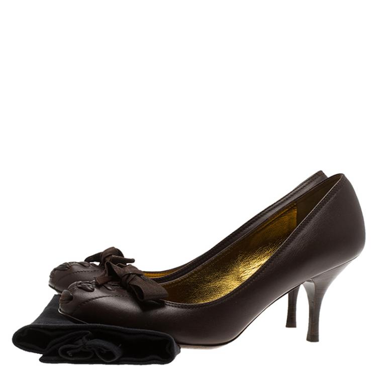 Pre Owned Miu Miu Brown Leather Bow Detail Pumps Size 36.5