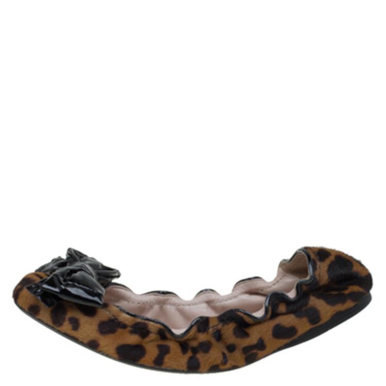 Pre Owned Miu Miu Brown Cheetah Print Calf Hair Bow Detail Ballet Flats Size 38.5