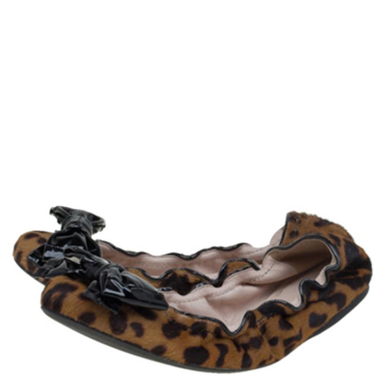 Pre Owned Miu Miu Brown Cheetah Print Calf Hair Bow Detail Ballet Flats Size 38.5