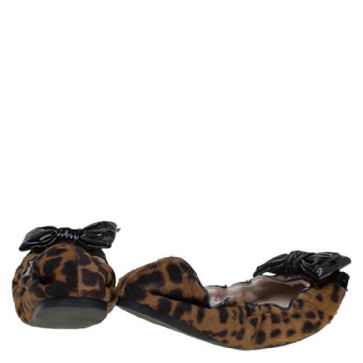 Pre Owned Miu Miu Brown Cheetah Print Calf Hair Bow Detail Ballet Flats Size 38.5