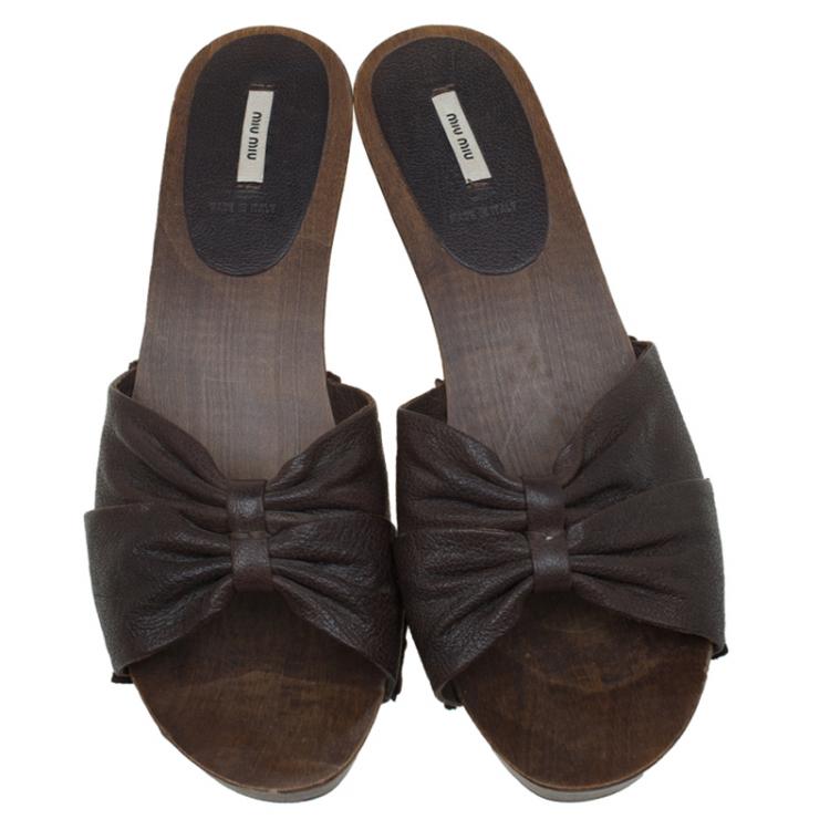 Pre Owned Miu Miu Brown Leather Wooden Mules Slides Platform Sandals Size 40