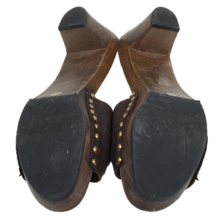Pre Owned Miu Miu Brown Leather Wooden Mules Slides Platform Sandals Size 40