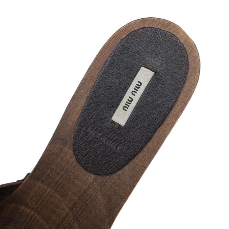 Pre Owned Miu Miu Brown Leather Wooden Mules Slides Platform Sandals Size 40