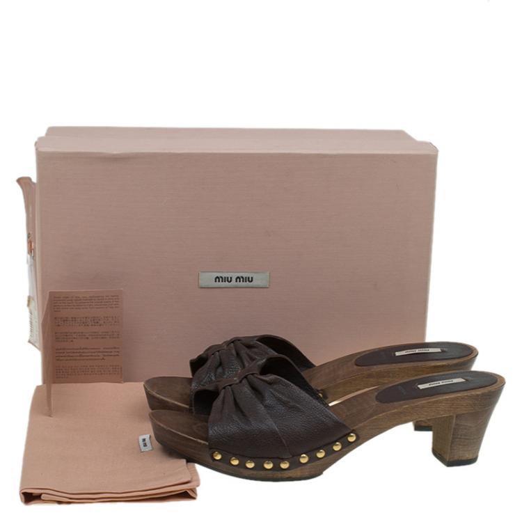 Pre Owned Miu Miu Brown Leather Wooden Mules Slides Platform Sandals Size 40