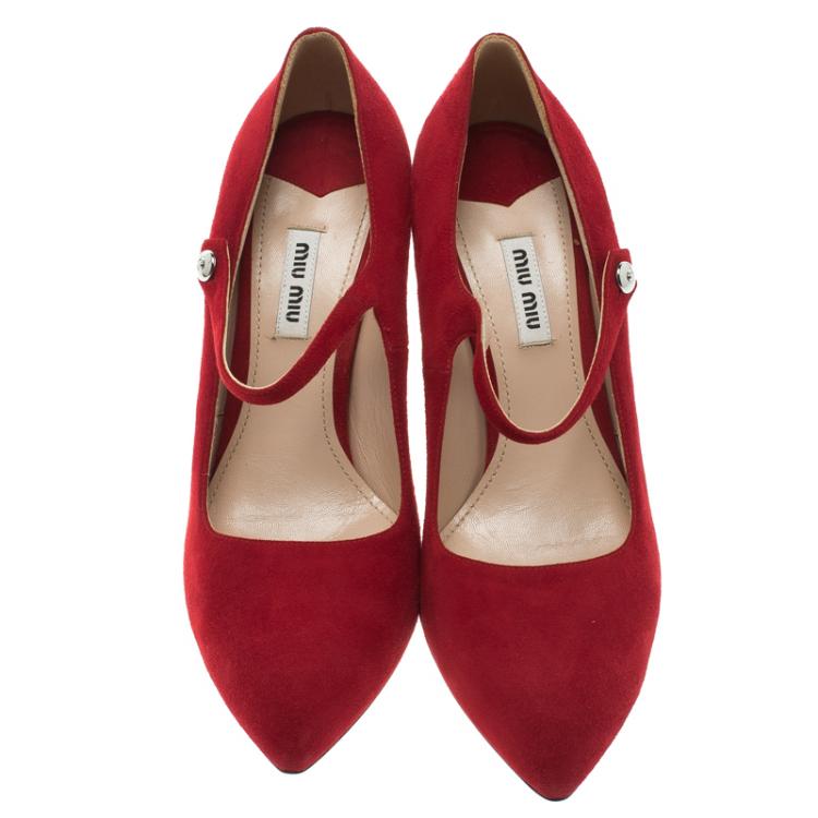 Pre Owned Miu Miu Red Suede Mary Jane Pumps Size 38.5
