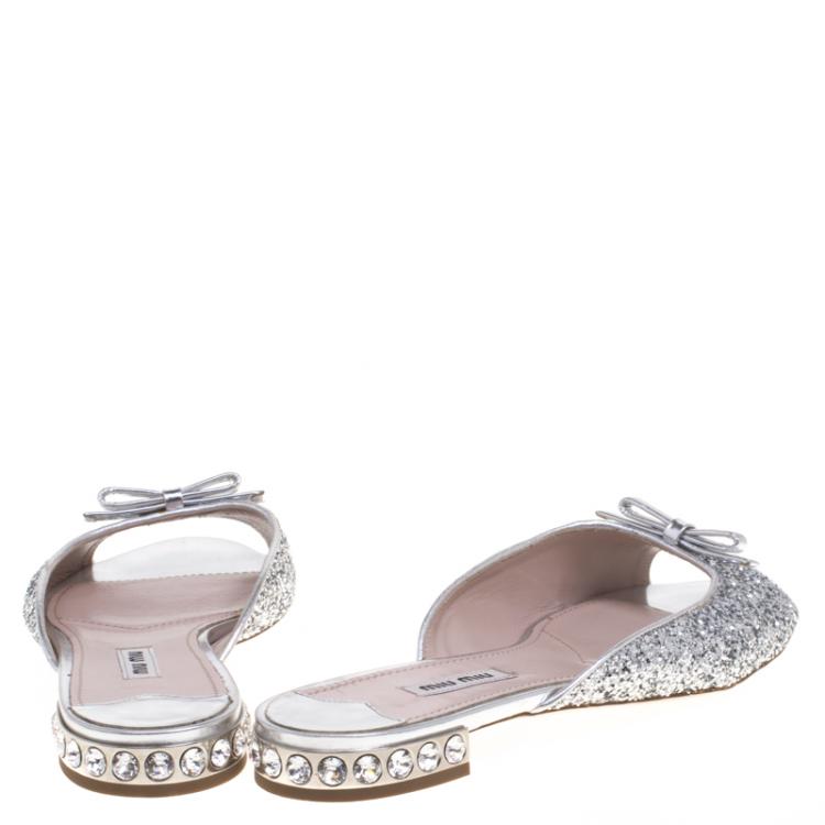 Pre Owned Miu Miu Silver Glitter Bow Detail Jeweled Heel Flat Slides Size 38