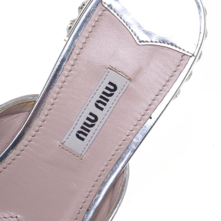Pre Owned Miu Miu Silver Glitter Bow Detail Jeweled Heel Flat Slides Size 38