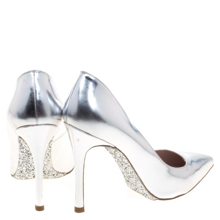 Pre Owned Miu Miu Silver Metallic Leather Specchio Pointed Toe Pumps Size 36.5