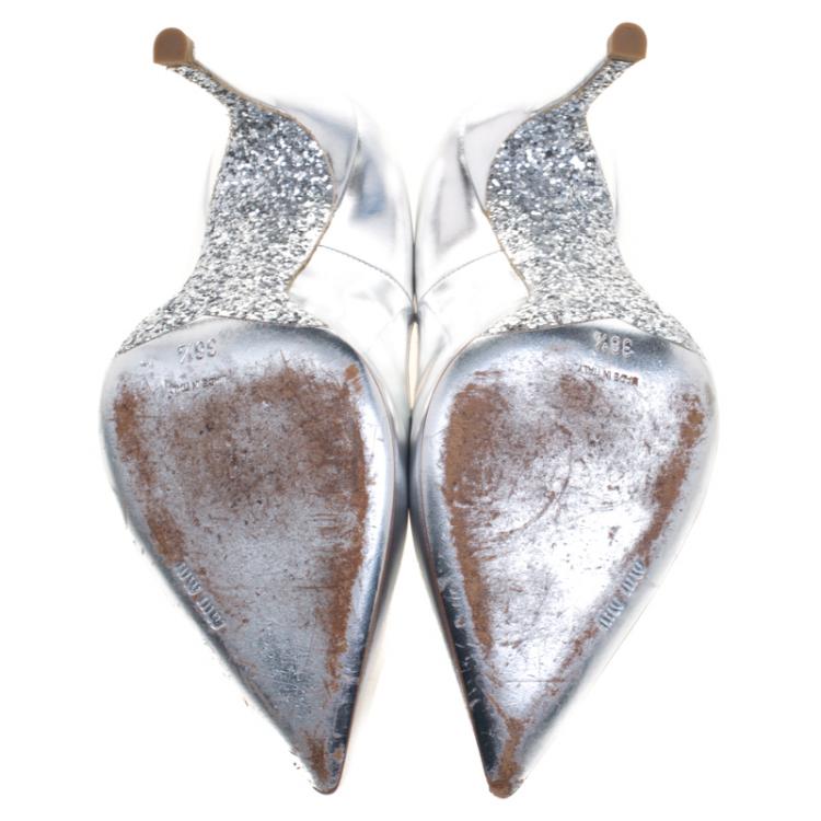 Pre Owned Miu Miu Silver Metallic Leather Specchio Pointed Toe Pumps Size 36.5
