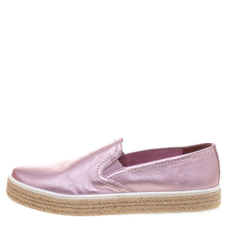 Pre Owned Miu Miu Pink Metallic Leather Espadrille Slip On Sneakers Size 38.5
