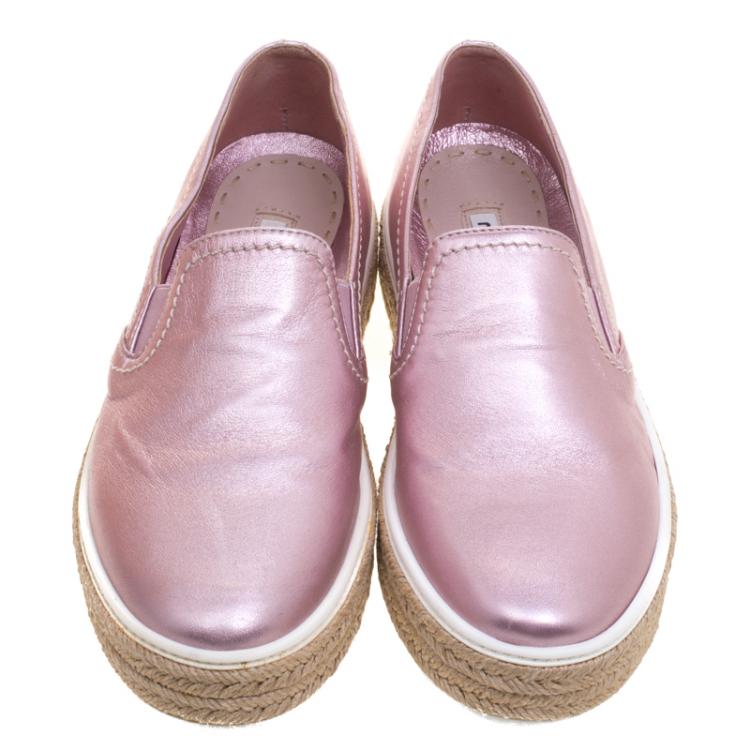 Pre Owned Miu Miu Pink Metallic Leather Espadrille Slip On Sneakers Size 38.5
