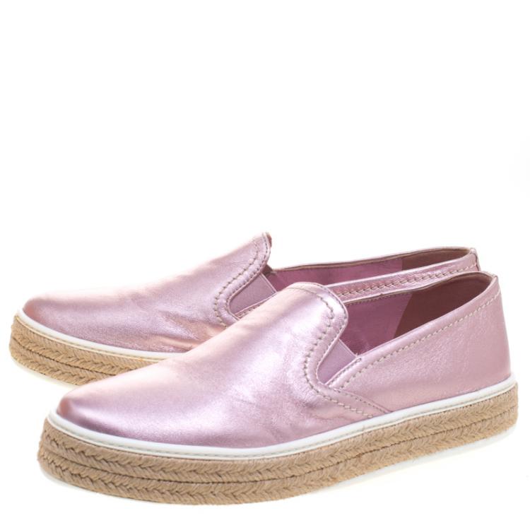 Pre Owned Miu Miu Pink Metallic Leather Espadrille Slip On Sneakers Size 38.5