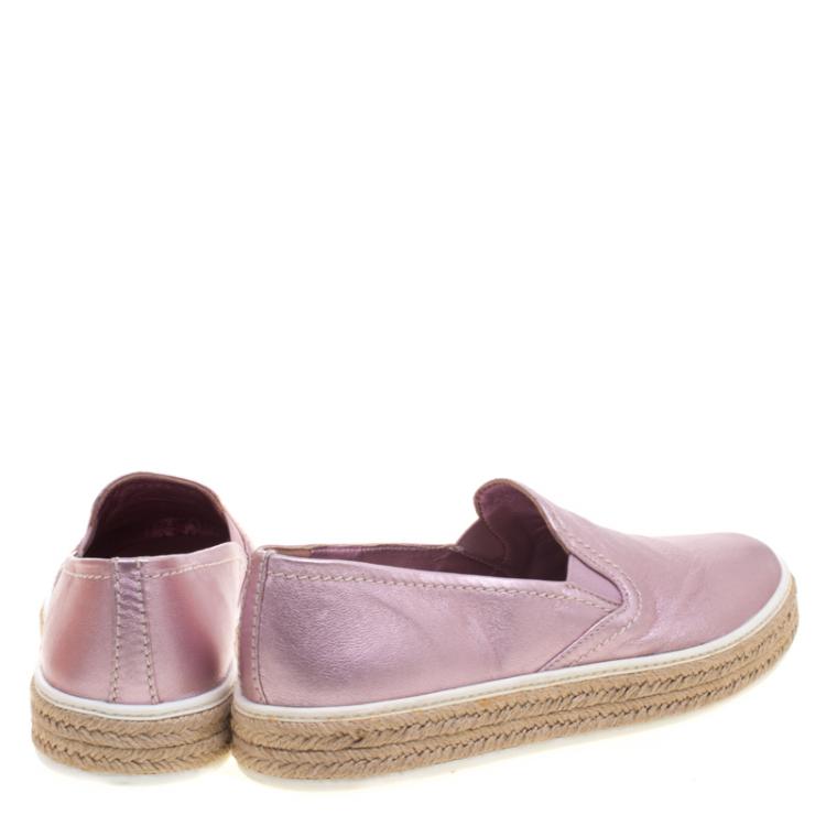 Pre Owned Miu Miu Pink Metallic Leather Espadrille Slip On Sneakers Size 38.5