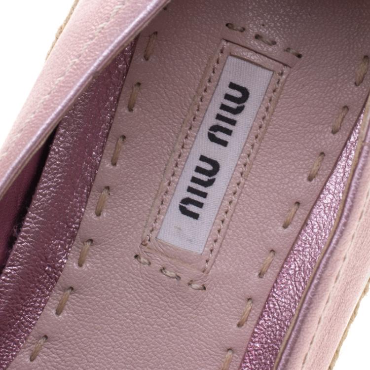 Pre Owned Miu Miu Pink Metallic Leather Espadrille Slip On Sneakers Size 38.5