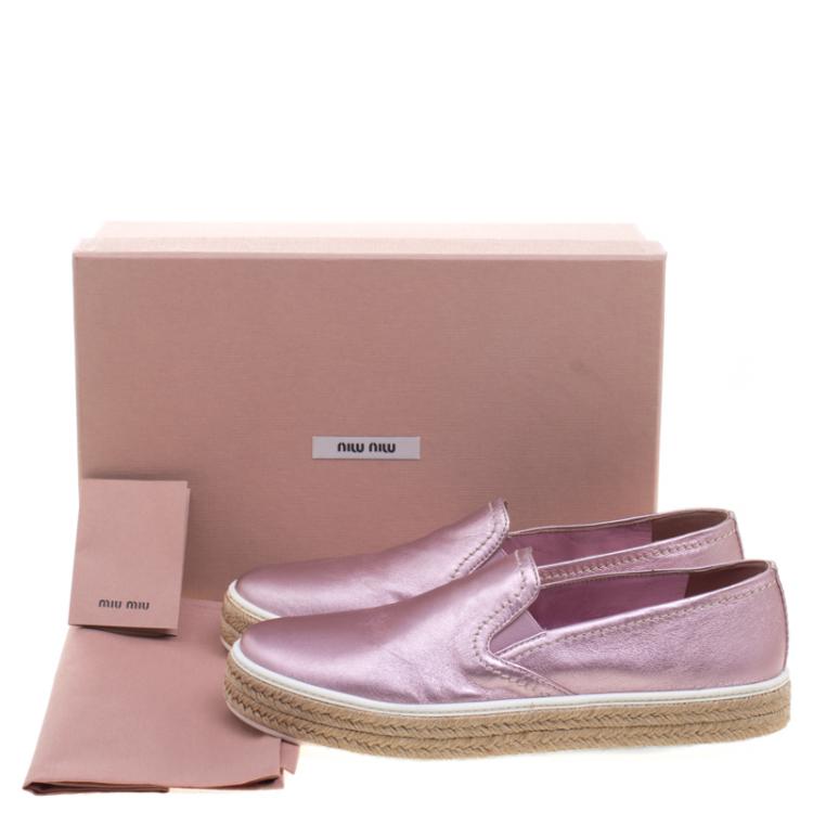 Pre Owned Miu Miu Pink Metallic Leather Espadrille Slip On Sneakers Size 38.5